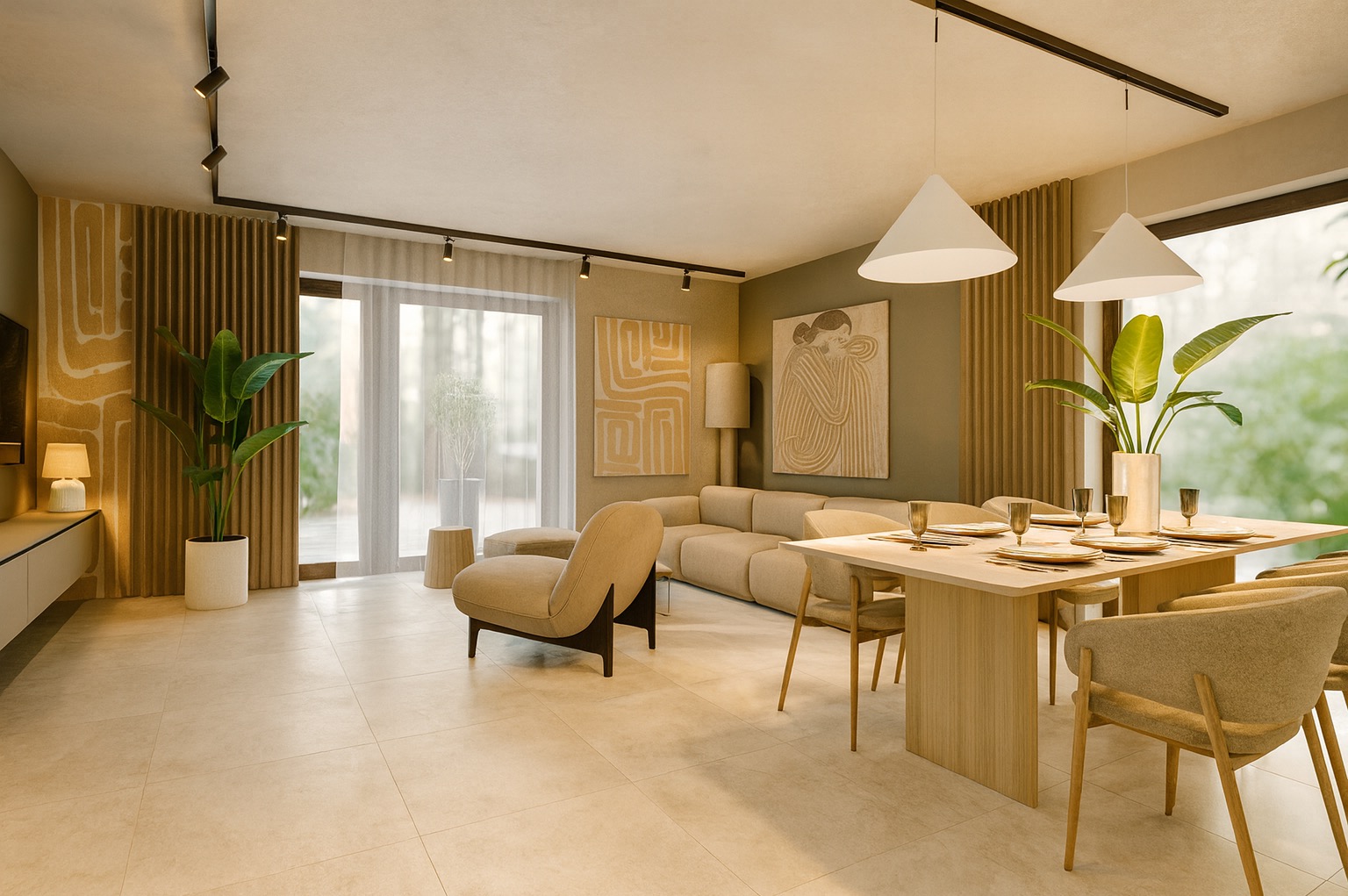 Neutralna aranżacja wnętrza: beżowa sofa, stół z nakryciem, krzesła i rośliny w donicach. Minimalistyczne obrazy na ścianie, lampy wiszące i oświetlenie szynowe.