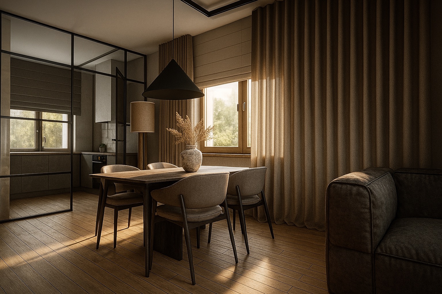Stylowa aranżacja jadalni z drewnianym stołem, krzesłami i przeszkloną ścianą działową. Neutralna kolorystyka, zasłony i lampa nadają wnętrzu przytulny charakter.