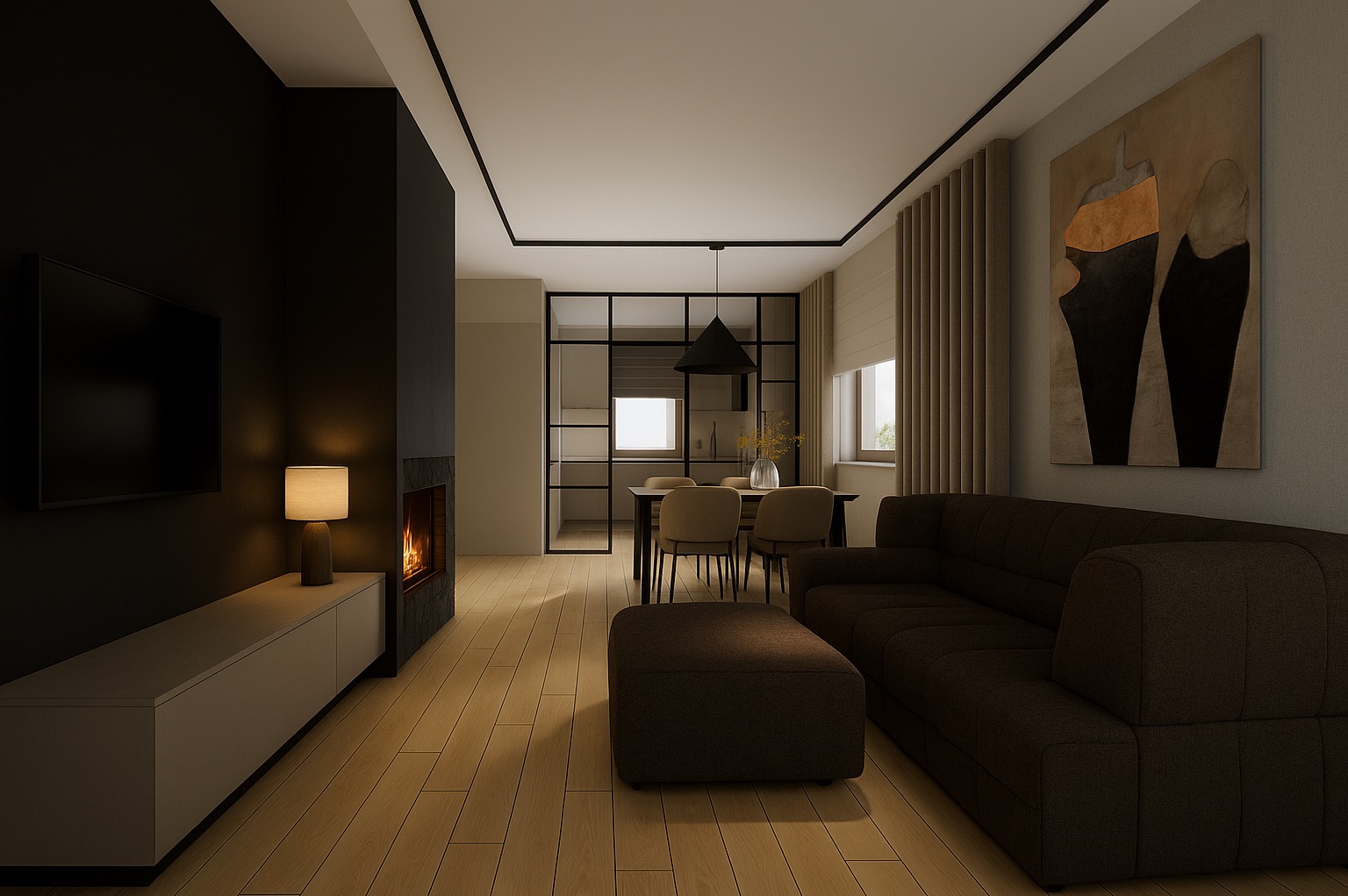 Nowoczesny salon z kominkiem, brązową sofą i jadalnią w tle, oddzieloną czarną, szklaną ścianą. Minimalistyczny design, ciepłe oświetlenie.