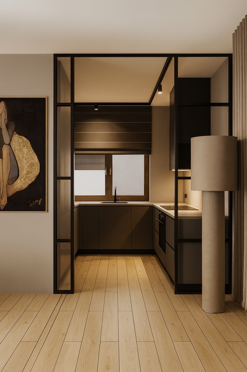 Nowoczesna kuchnia w odcieniach brązu, z drewnianą podłogą i czarną ramą oddzielającą przestrzeń. Obraz na ścianie dodaje charakteru.