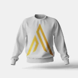 Biała bluza dresowa z nadrukowanym złotym, geometrycznym logo na piersi, prezentowana na niewidocznym manekinie na białym tle.