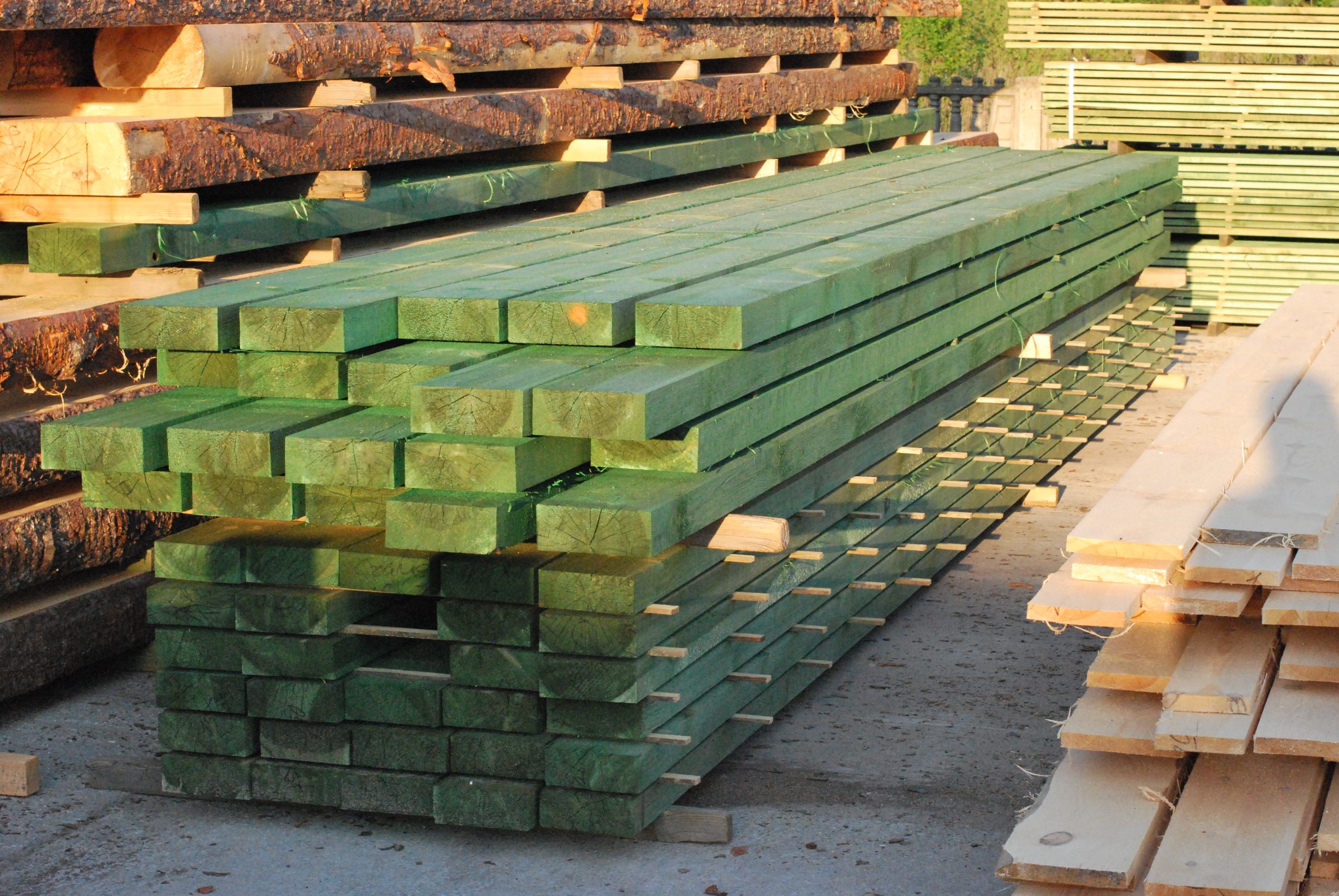 Stos impregnowanych na zielono kantówek budowlanych ułożonych na placu składowym, w tle widoczne stosy okrąglaków i surowej tarcicy.