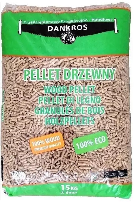 Worek z pelletem drzewnym marki Dankros, z widocznym napisem '100% Wood Premium Quality' i '100% Eco', o wadze 15 kg i średnicy 6 mm.