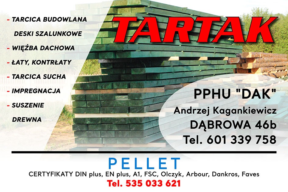 Grafika reklamowa tartaku PPHU 'DAK' z Dąbrowy, prezentująca stos tarcicy budowlanej z listą oferowanych produktów i certyfikatów.