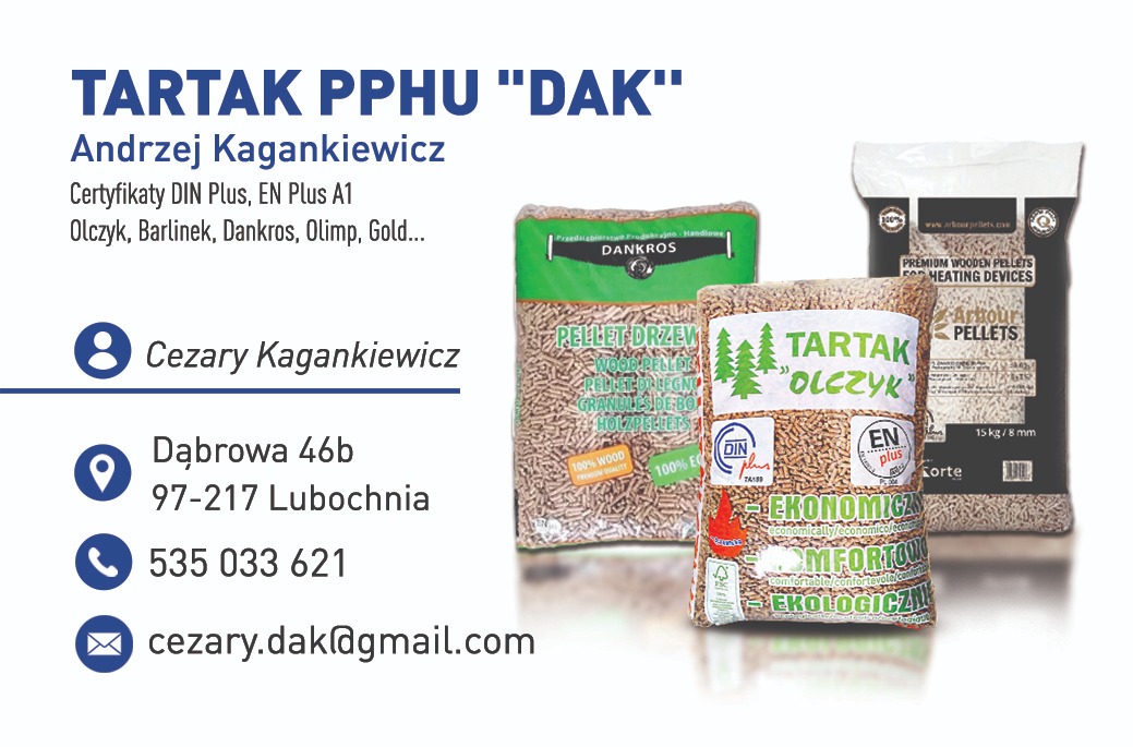 Reklama Tartaku PPHU 'DAK' z Lubochni, prezentująca worki z pelletem drzewnym różnych marek, w tym 'Olczyk' i 'Dankros', z certyfikatami DIN Plus i EN Plus A1.