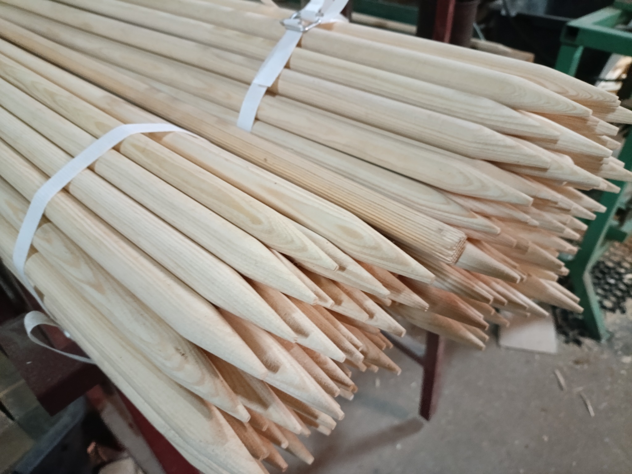 Wiązka świeżo obrobionych, zaostrzonych drewnianych kołków budowlanych, spiętych białą taśmą, widoczne słoje drewna.
