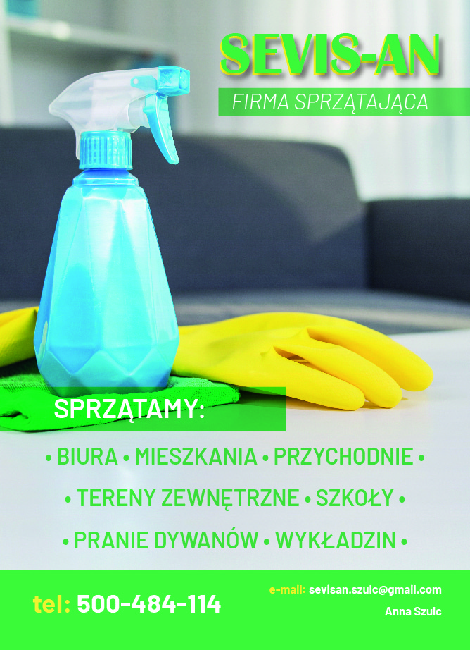 Reklama firmy sprzątającej: niebieski spryskiwacz, żółte rękawice i zielona ściereczka na tle sofy.