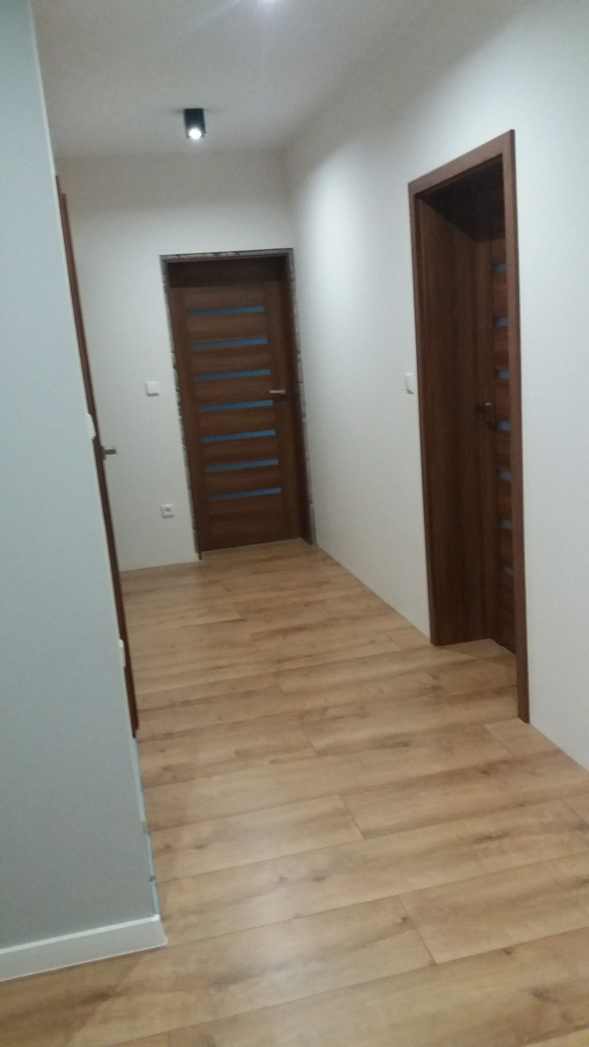 Korytarz po remoncie z dwiema drewnianymi, nowoczesnymi drzwiami z przeszkleniami, jasną podłogą z paneli i białymi ścianami, oświetlony punktowym światłem.