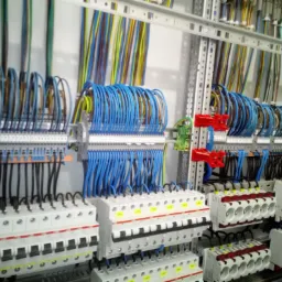 Rozdzielnica elektryczna z licznymi przewodami w różnych kolorach, zamontowana w Skarżysku-Kamiennej. Widoczne zabezpieczenia i listwy zaciskowe.