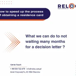 Grafika informacyjna z pytaniami o przyspieszenie procesu uzyskania karty pobytu i oczekiwania na decyzję, z logo firmy RELOC i danymi kontaktowymi.