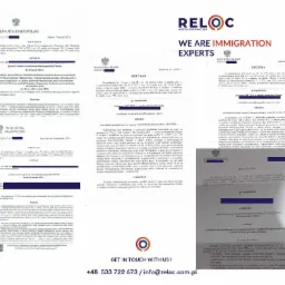 Skan dokumentów urzędowych z decyzjami administracyjnymi dotyczącymi zezwoleń na pobyt i pracę w Polsce, z logo firmy Reloc, specjalizującej się w usługach imigracyjnych.
