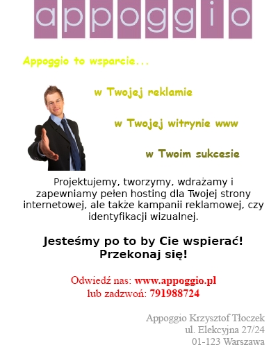 Grafika reklamowa z uśmiechniętym mężczyzną w garniturze, oferującego dłoń, z tekstem o projektowaniu stron internetowych, hostingu i identyfikacji wizualnej, oraz danymi kontaktowymi firmy Appoggio.