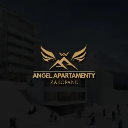 Wizualizacja apartamentowca Angel Apartamenty w Zakopanem w zimowej scenerii, z logo firmy na pierwszym planie i narciarzami na stoku.