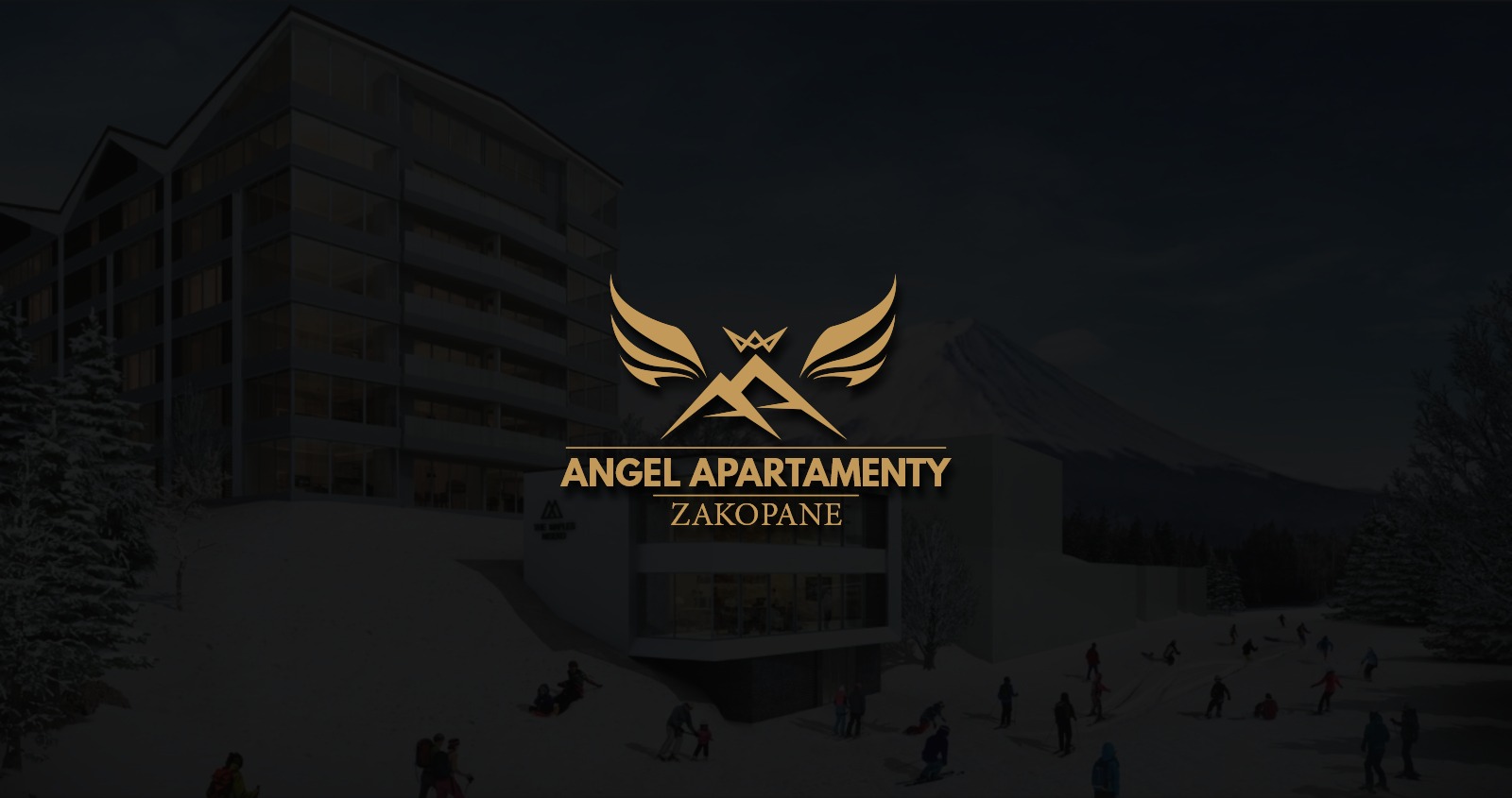 Wizualizacja apartamentowca Angel Apartamenty w Zakopanem w zimowej scenerii, z logo firmy na pierwszym planie i narciarzami na stoku.