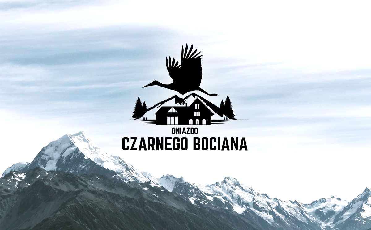 Logo firmy 'Gniazdo Czarnego Bociana' z sylwetką lecącego bociana nad budynkiem i drzewami na tle górskiego krajobrazu.
