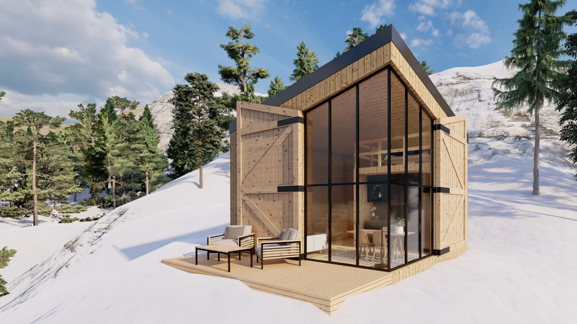 Wizualizacja nowoczesnego domu z drewnianą elewacją i dużymi przeszkleniami, usytuowanego na ośnieżonym zboczu, z widocznym tarasem i meblami ogrodowymi.
