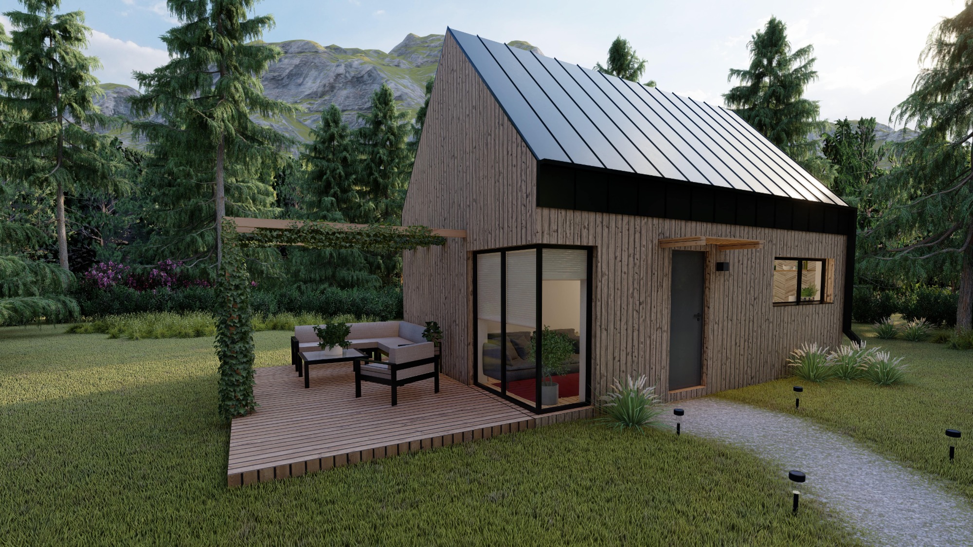 Wizualizacja nowoczesnego domu z drewnianą elewacją i czarnym dachem, otoczonego zielenią, z tarasem z meblami ogrodowymi i ścieżką oświetloną lampami