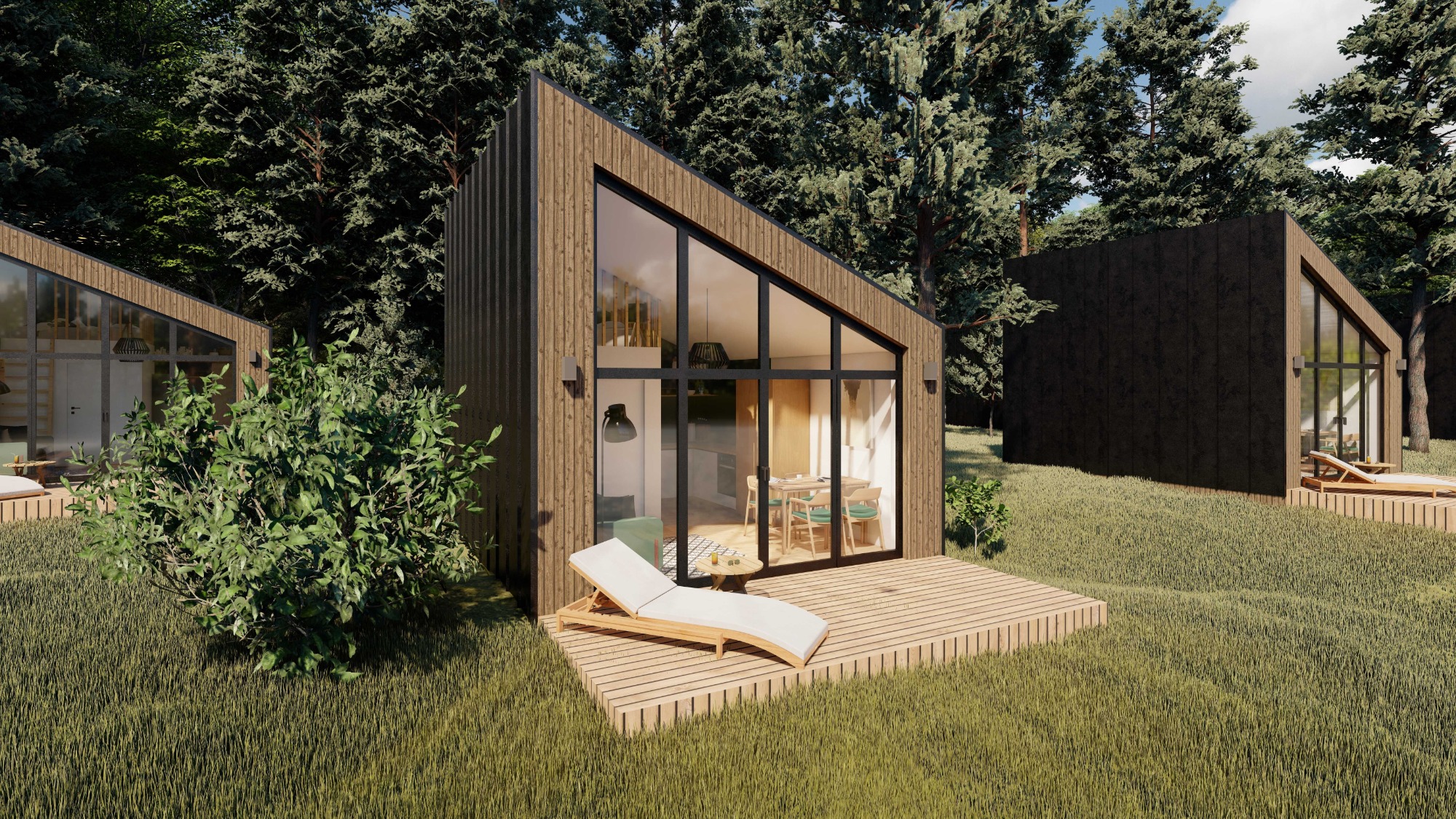 Nowoczesne, drewniane domki letniskowe z dużymi przeszkleniami, tarasami i leżakami, otoczone lasem.