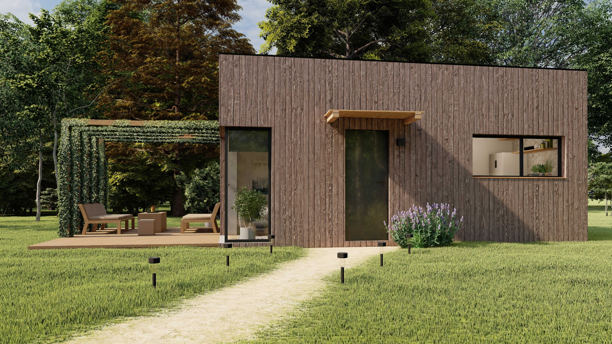 Nowoczesny dom szkieletowy z drewnianą elewacją, podświetlony ścieżką i z pergolą porośniętą bluszczem