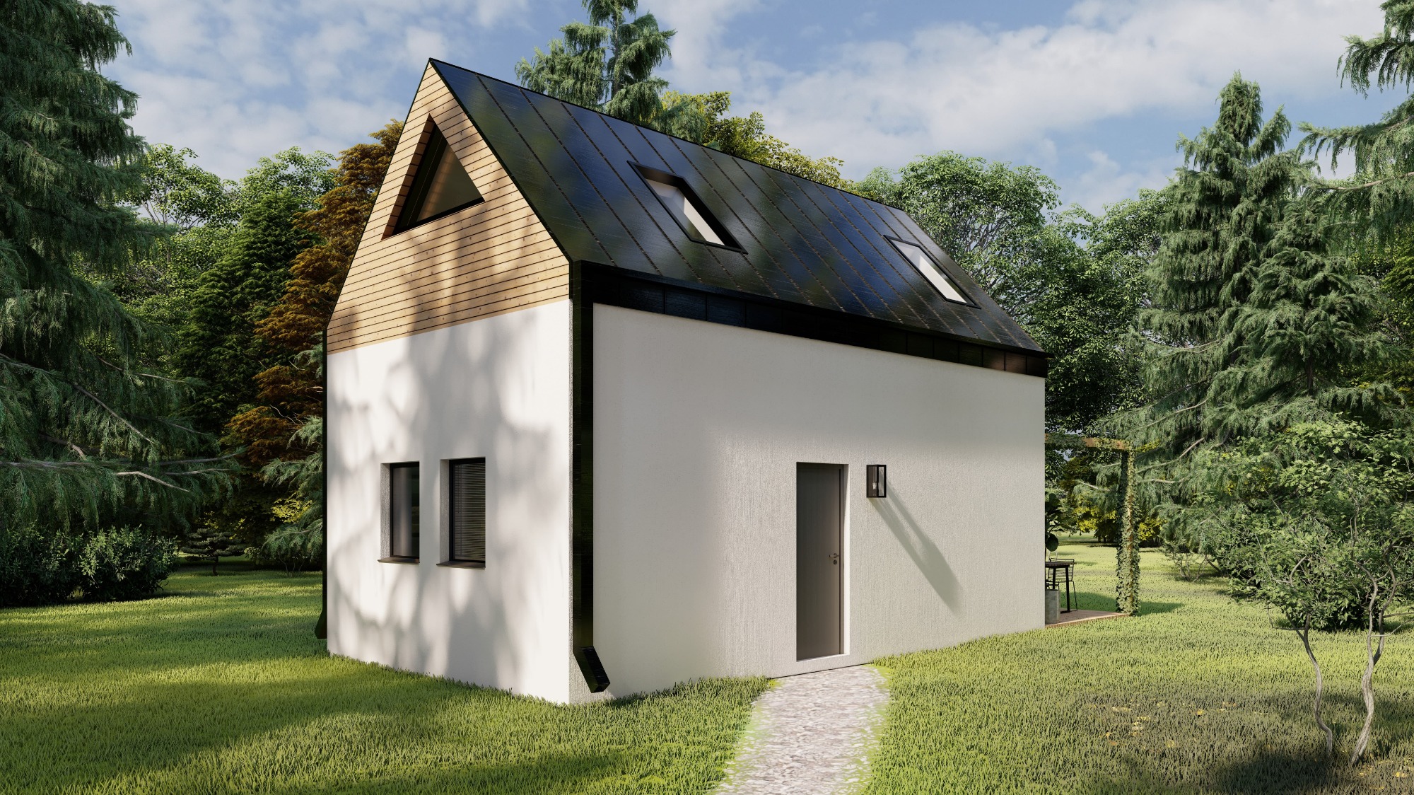 Nowoczesny dom z białymi ścianami, drewnianym szczytem i czarnym dachem z oknami połaciowymi, otoczony zielenią, z widoczną ścieżką z kamieni i pergolą w tle.