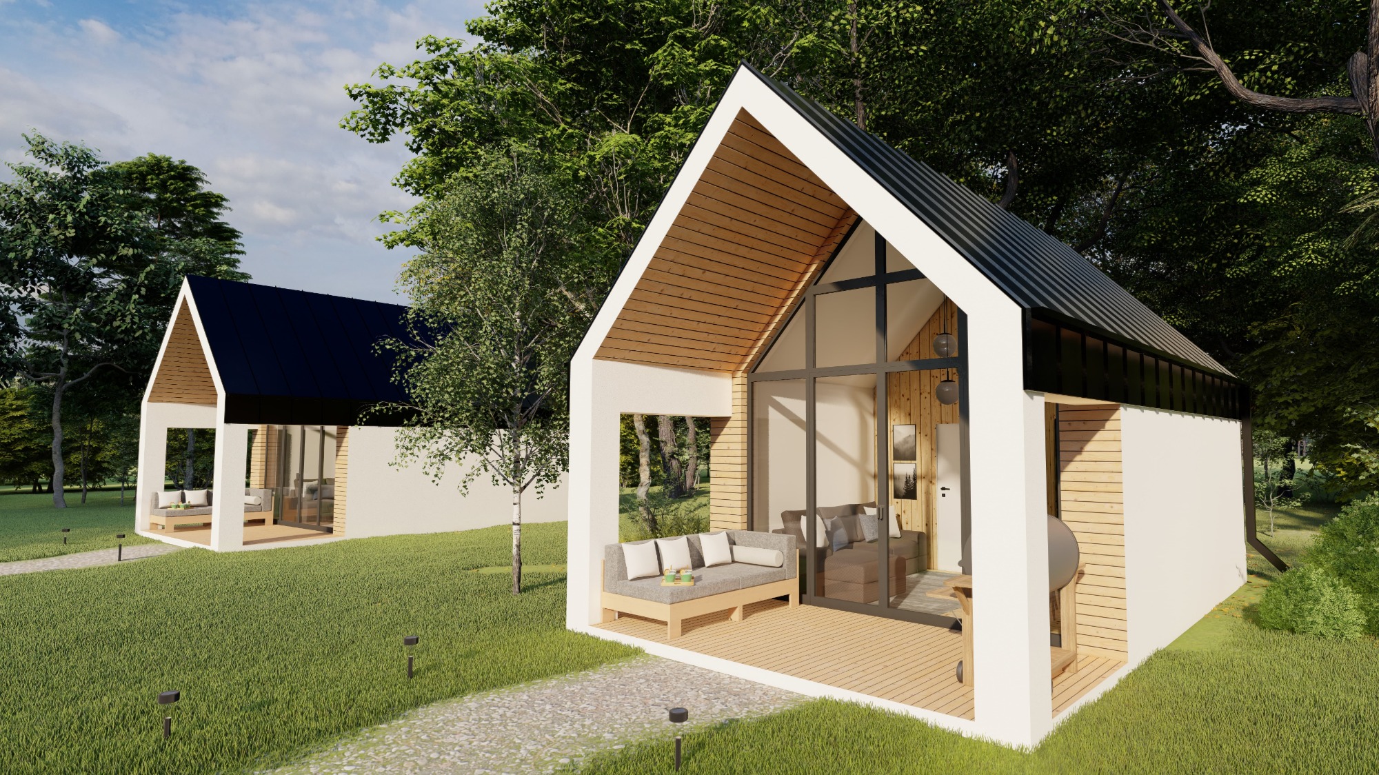 Wizualizacja dwóch nowoczesnych domków letniskowych z białymi ścianami, drewnianą elewacją i czarnym dachem, otoczonych zielenią, z widocznymi meblami ogrodowymi na tarasie.