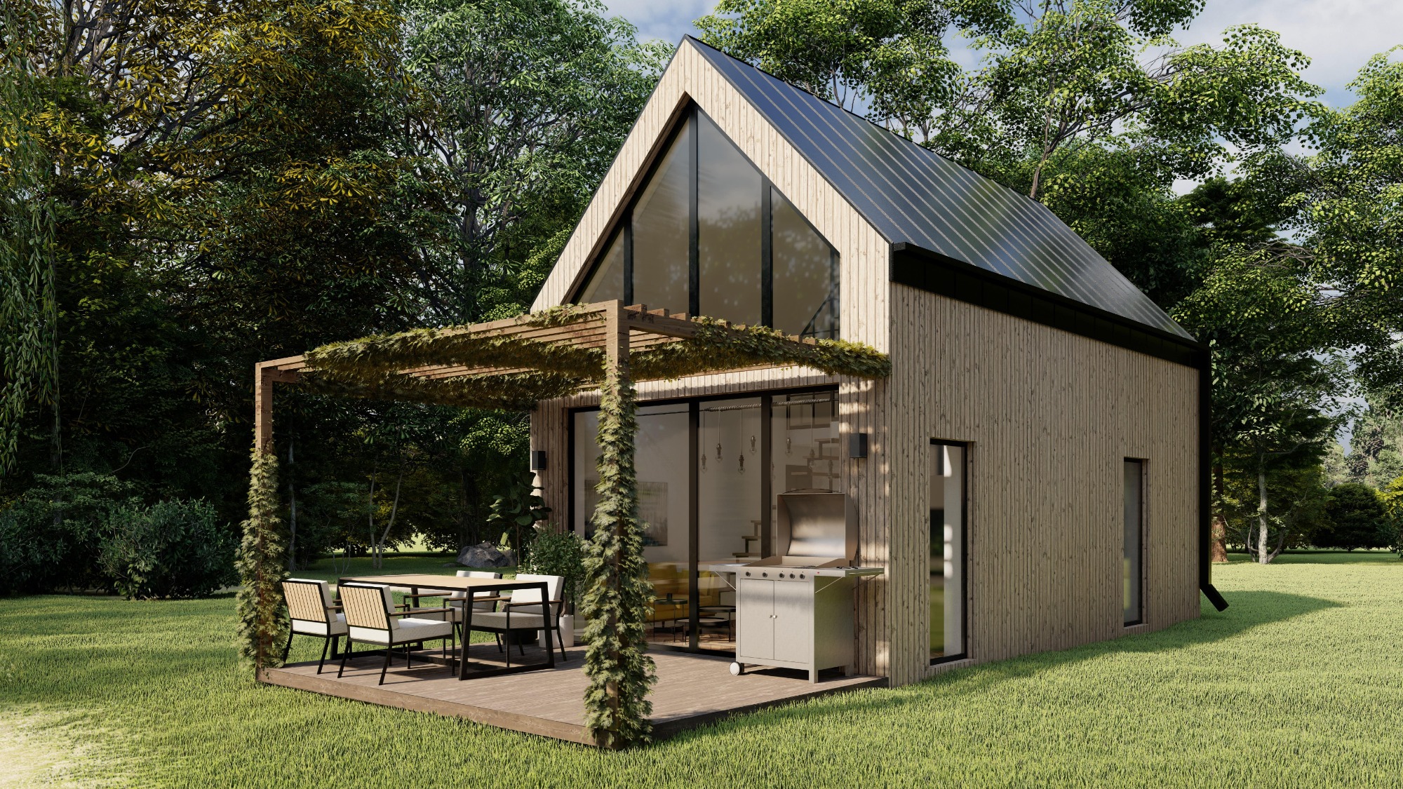 Nowoczesny dom z drewnianą elewacją i dużym oknem szczytowym, taras z pergolą porośniętą roślinnością, zestaw mebli ogrodowych i grill gazowy na zewnątrz.