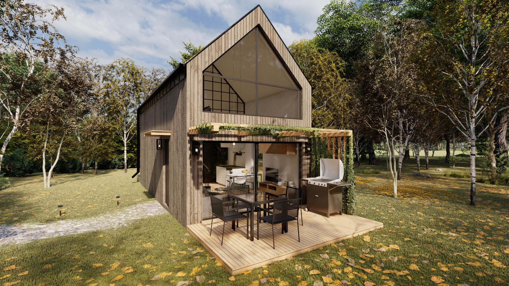 Dwukondygnacyjny budynek z drewnianą elewacją, dużym oknem szczytowym i tarasem z grillem, otoczony drzewami i trawnikiem z opadłymi liśćmi.