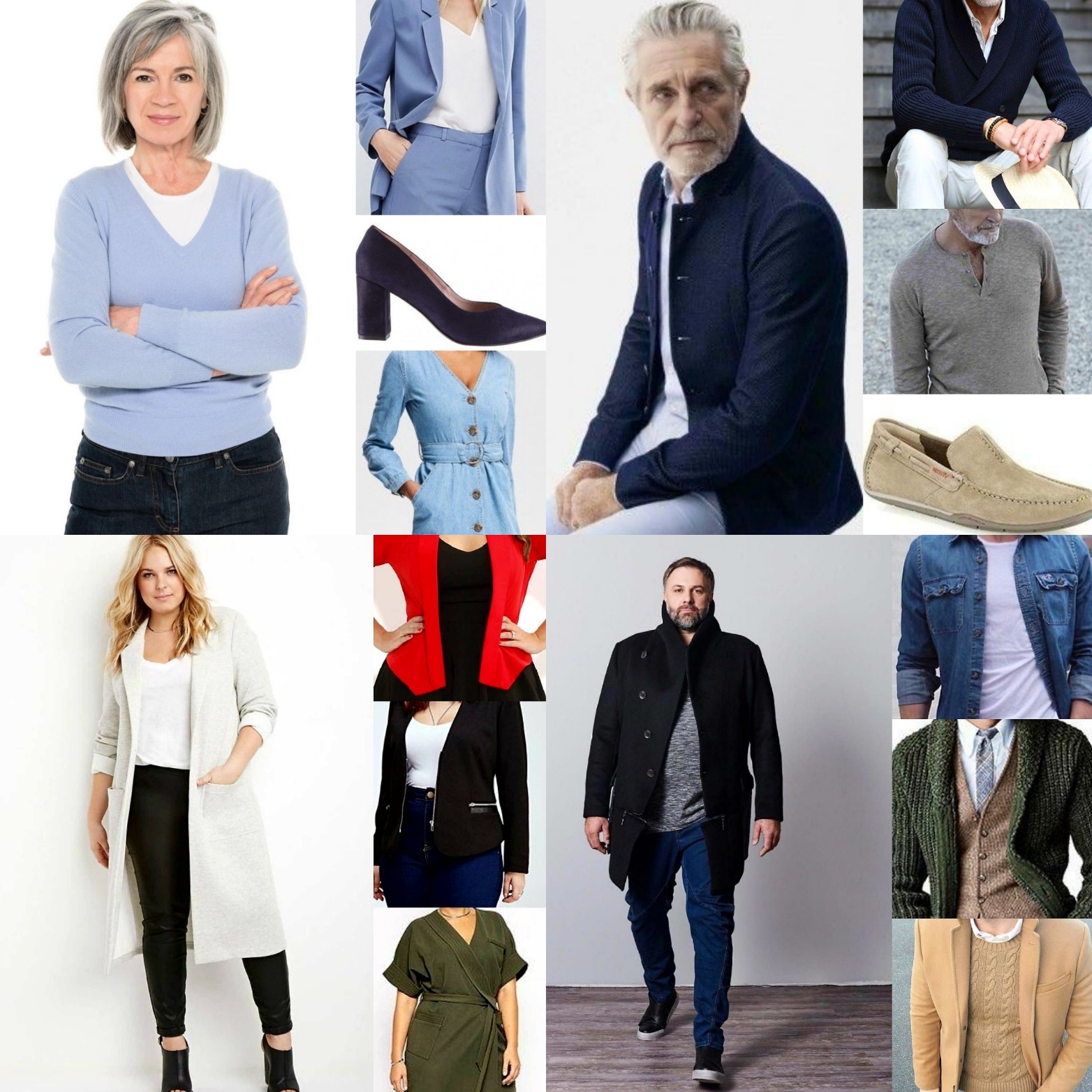 Kolaż prezentujący różnorodne stylizacje odzieżowe dla kobiet i mężczyzn, obejmujący zarówno formalne, jak i casualowe zestawy ubrań.