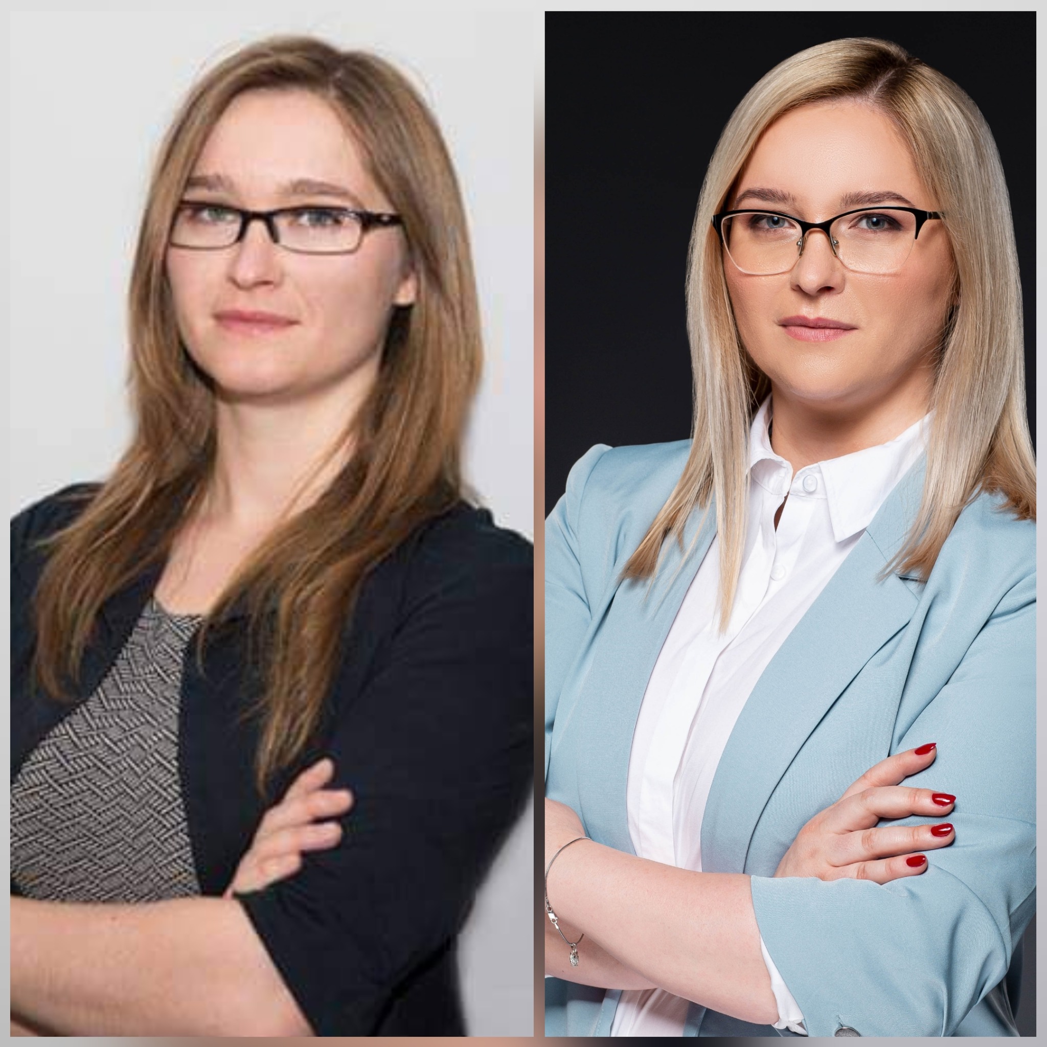 Kolaż portretów kobiety przed i po metamorfozie: po lewej naturalne włosy i stonowany strój, po prawej blond włosy, makijaż, błękitny żakiet i czerwony manicure.