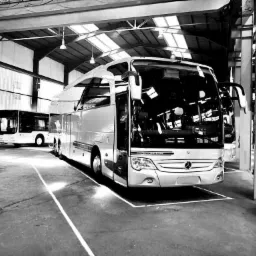 Dwa autobusy Mercedes-Benz zaparkowane w hali garażowej z betonową podłogą i oświetleniem sufitowym, widoczne słupy konstrukcyjne i oznaczone miejsca parkingowe.