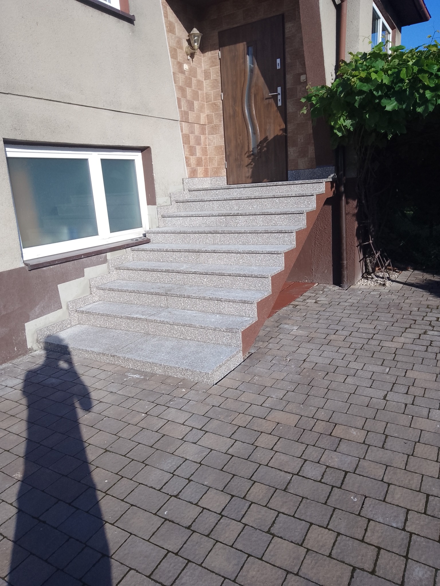 Zewnętrzne schody z szarego kamienia prowadzące do ciemnobrązowych drzwi wejściowych, widoczne z perspektywy chodnika z kostki brukowej, cień fotografa w lewym dolnym rogu.