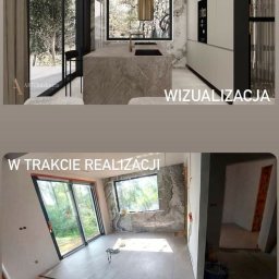 M&S usługi wykończeniowo/budowlane - Porównanie wizualizacji 3D kuchni z wyspą i widokiem na ogród z etapem w trakcie realizacji, widoczne położone płytki podłogowe i surowe ściany.