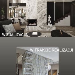 M&S usługi wykończeniowo/budowlane - Porównanie wizualizacji i etapu montażu kamienia dekoracyjnego wokół kominka w nowoczesnym salonie. W dolnej części widoczne wiadra z klejem i narzędzia.