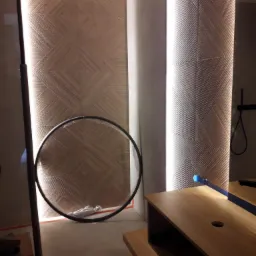 Ściana z dekoracyjną strukturą, podświetlona listwami LED, z okrągłym elementem dekoracyjnym i fragmentem drewnianego mebla w minimalistycznym wnętrzu.