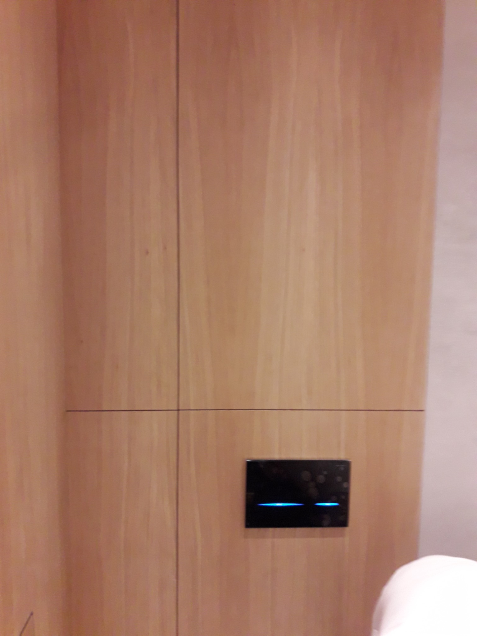 Drewniana zabudowa toalety z czarnym panelem sterującym z podświetleniem LED, widoczne łączenia płyt.