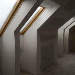 Poddasze w trakcie przygotowania do malowania, widoczne okna dachowe z drewnianymi ramami, ściany po szpachlowaniu, surowy beton na podłodze, widok z dołu.