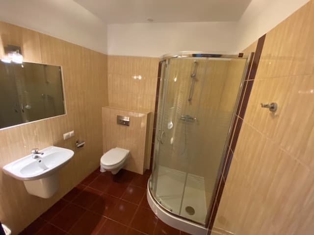 Wykończona łazienka z kabiną prysznicową, umywalką i toaletą, wyłożona beżowymi płytkami z brązowymi akcentami i ciemnoczerwoną podłogą.