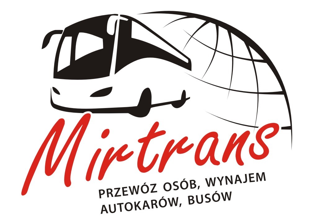 Logo firmy Mirtrans z sylwetką autobusu na tle stylizowanej kuli ziemskiej, oferującej przewóz osób oraz wynajem autokarów i busów, napisane czerwoną czcionką.