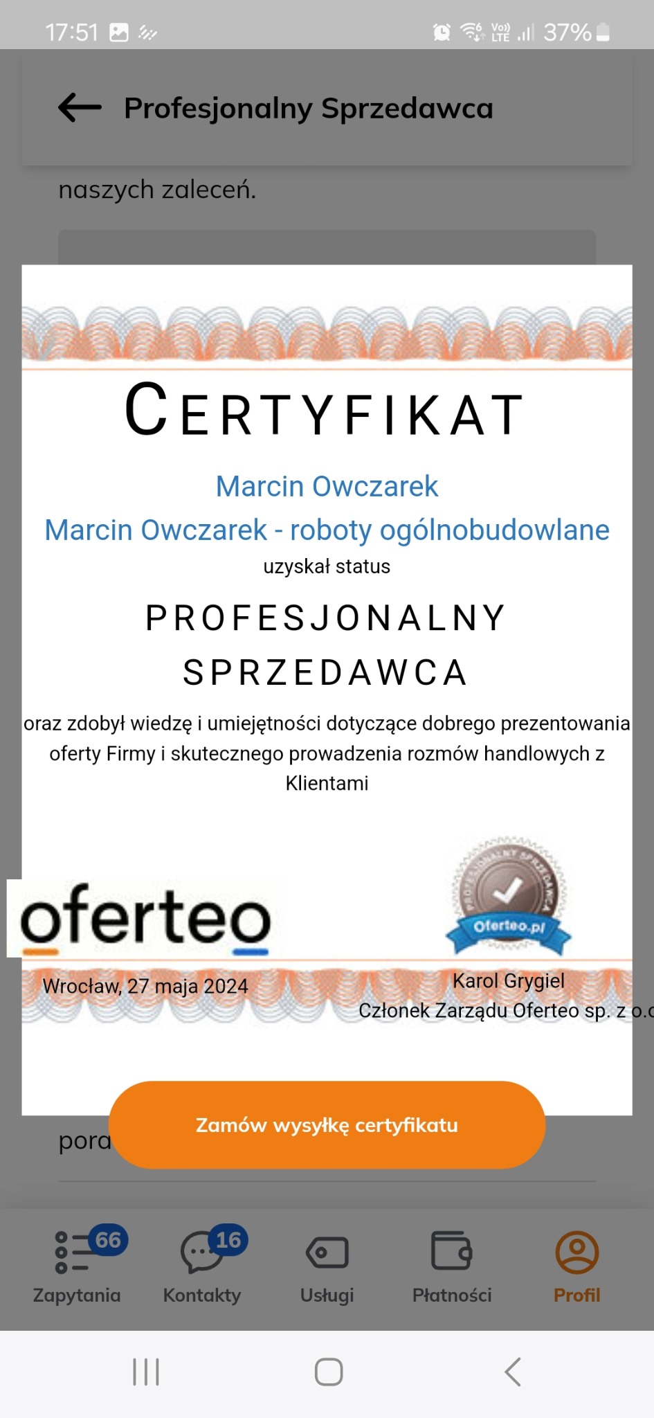 Certyfikat Profesjonalnego Sprzedawcy Oferteo dla Marcina Owczarka od Oferteo, Wrocław, 27 maja 2024.