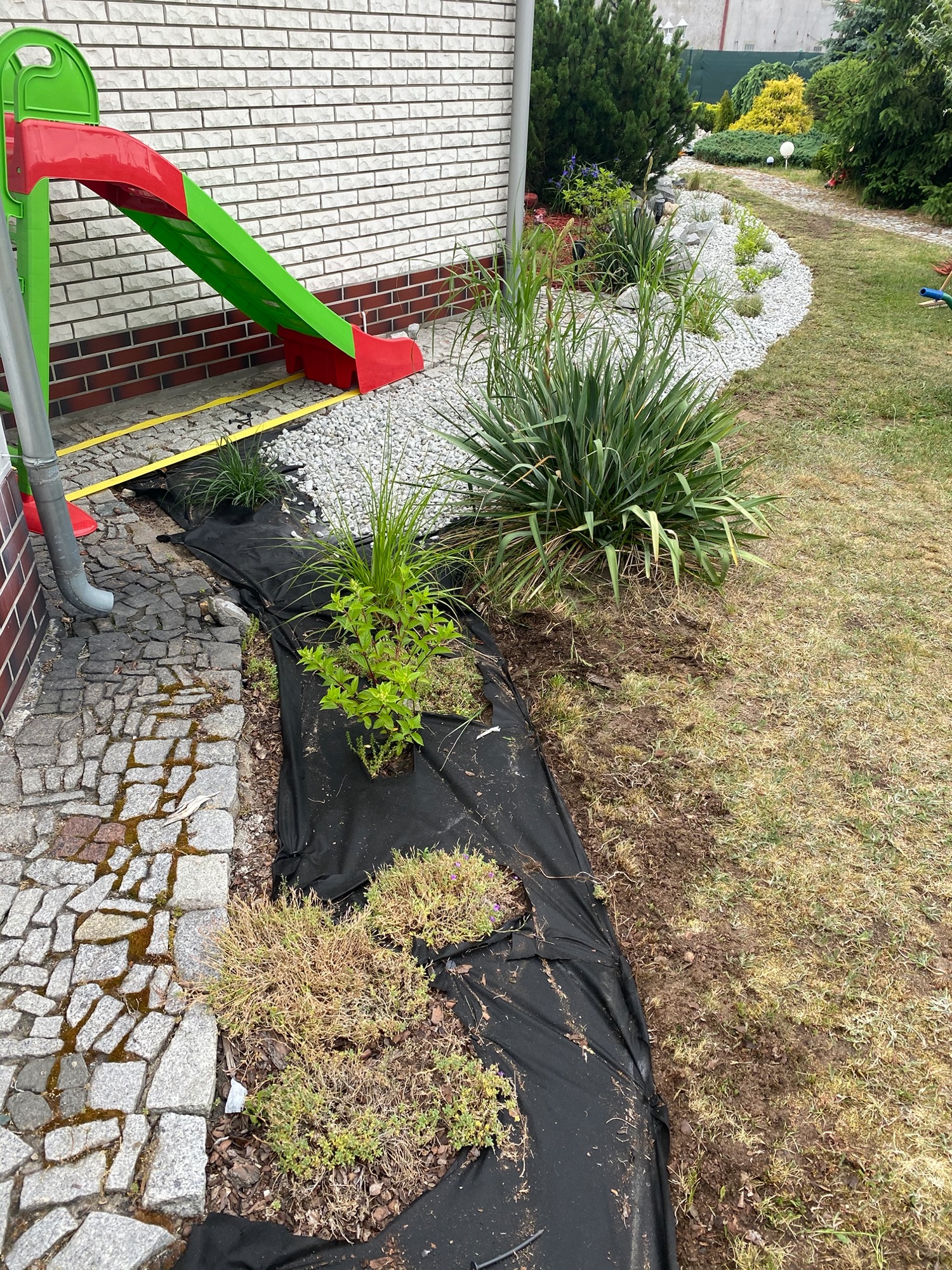Przygotowanie rabaty w ogrodzie: czarna agrowłóknina rozłożona wzdłuż kamiennego chodnika, świeżo posadzone rośliny, białe kamyki w tle, zjeżdżalnia dziecięca przy ścianie budynku.
