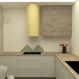 Wizualizacja kuchni z beżowymi szafkami, drewnianym blatem, złotą armaturą, okrągłym okapem i lampami wiszącymi z kolorowymi akcentami.