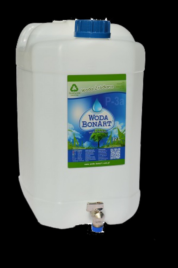 Biały kanister z wodą źródlaną Bonart o pojemności 22 litry, z niebieską zakrętką i metalowym kranikiem u dołu.