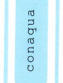 Niebieskie tło z pionowymi białymi paskami i pionowo umieszczonym napisem 'conaqua' w kolorze czarnym.