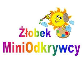 Kolorowe logo przedstawiające słońce z pędzlem i paletą farb, obok napis 'Żłobek MiniOdkrywcy' wykonany w różnych kolorach.