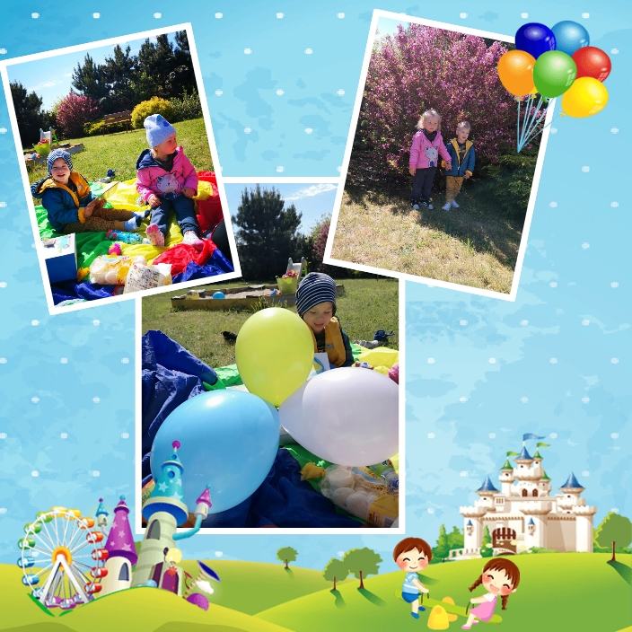 Kompozycja kilku zdjęć: dzieci bawiące się na kocu w ogrodzie, chłopiec i dziewczynka stojący na trawie obok kwitnącego krzewu, zbliżenie na balony leżące na niebieskiej plandece, całość na tle...