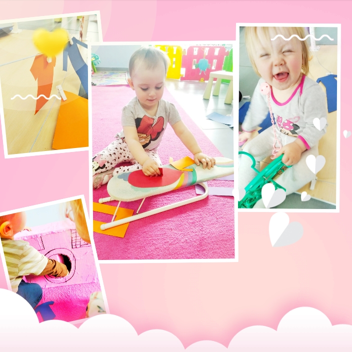 Kompozycja zdjęć przedstawia dzieci w trakcie zabawy i zajęć plastycznych: dziewczynka siedząca na różowym dywanie bawi się kolorowymi papierami, inna dziewczynka siedzi na krześle i trzyma zielone...