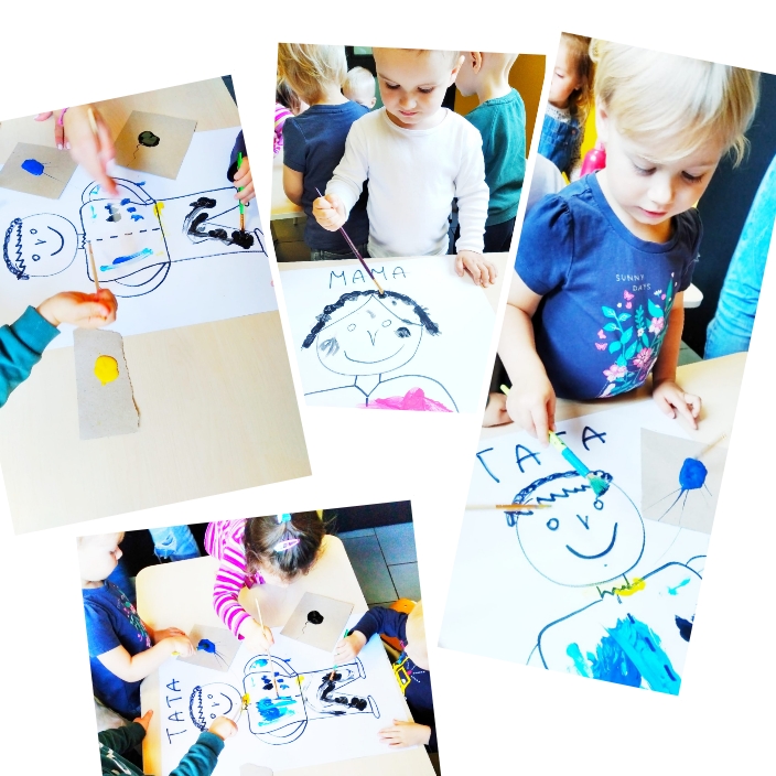 Kolaż zdjęć przedstawiający dzieci malujące portrety rodziców farbami na papierze, z podpisami 'Mama' i 'Tata'.