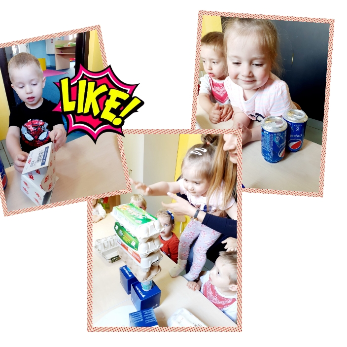 Kolaż zdjęć przedstawia grupę dzieci w wieku przedszkolnym bawiących się w budowanie wieży z pudełek i wytłoczek po jajkach oraz układanie puszek po napojach na stole.