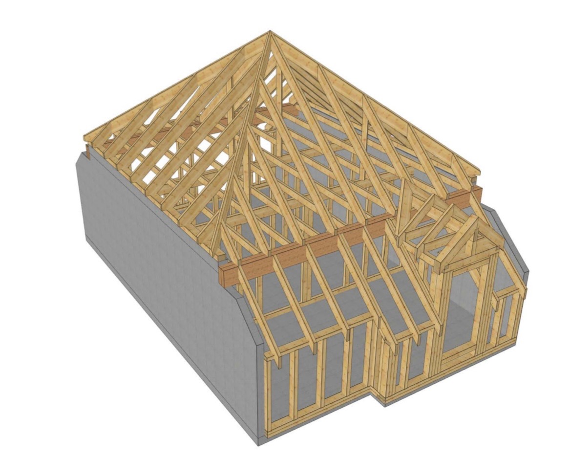 Model 3D domu w trakcie budowy, ukazujący drewnianą konstrukcję szkieletową ścian i dachu, z widocznymi elementami więźby dachowej i ścian zewnętrznych.