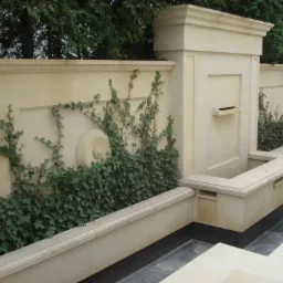 Elegancki, kremowy mur z kamienia z wbudowaną fontanną i dekoracyjnym elementem w formie okręgu, porośnięty bluszczem.